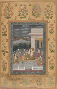 Um casal em um terraço cercado por atendentes e músicos de Indian 18th Century