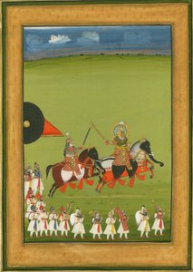 Rajah e filho em cavalos disfarçados de elefantes, e suíte de atendentes, c. 1810