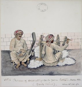 AS10 Vol.52 ff.3 4896.cat.201 i-iv Dois homens descaroçando algodão, Bombaim, c.1873 (aquarela sobre papel) de Indian School
