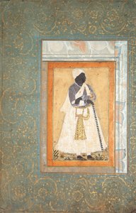 Um homem negro se apóia em uma equipe de funcionários longa, c.1682 (wc opaco e ouro no papel) de Indian School