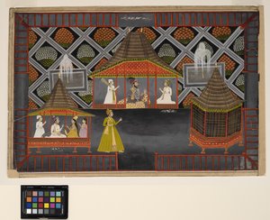 Um Nawab e seus filhos em um pavilhão de jardim, c.1770 (opaco w - c, prata e ouro no papel) de Indian School