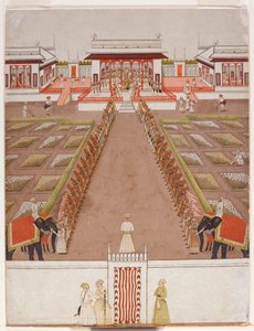 Uma quadra de Nawab dentro de um pavilhão, além de uma avenida de retentores e dois elefantes, cerca de 1765 (wc opaco e ouro sobre papel) de Indian School