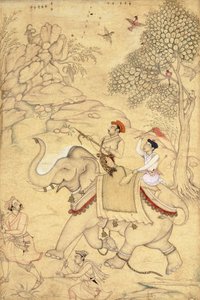 Uma caça ao príncipe, montada em um elefante, c.1600-1650 de Indian School