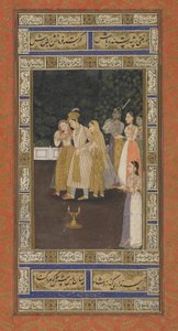 Um Príncipe com Atendentes de Harém, Álbum folio com pintura, início do século XVIII (aguarela opaca, tinta e ouro sobre papel) de Indian School