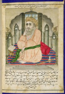 Um sábio sufi sentado em um nicho, de um álbum de miniaturas em estilo persa com texto Deccan de Indian School