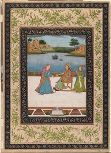 Uma mulher é servida frutas em um terraço, c.1770 (wc opaca, ouro e prata no papel) de Indian School