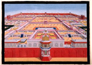 Vista aérea do Forte Vermelho de Deli a partir de leste, mostrando um imperador, provavelmente Shah Alam (1759-1806) a entrar no Diwan-i-Khas à direita, c.1780-90 (aguarela opaca)) de Indian School