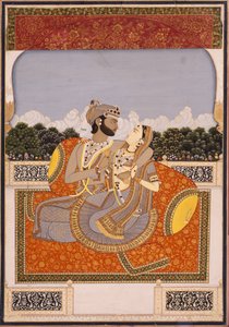Um casal se abraça em um terraço, c.1835 (wc opaca, laca, ouro e vidro sobre papel) de Indian School