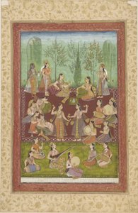 Um grupo de mulheres em um jardim, entretendo-se com música e dança (cor e ouro no papel) de Indian School