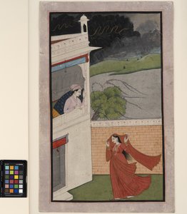 Uma senhora chega à casa de seu amante no meio de uma tempestade, por volta de 1830 (opaco w - c e dourado no papel)