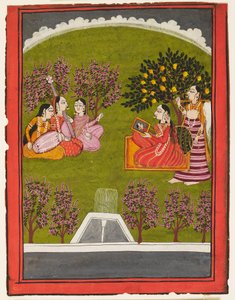 Uma senhora sentada com um espelho num jardim, com uma criada e três músicos, c.1909 (guache sobre papel) de Indian School