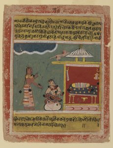 Palavras de empregada doméstica para Radha, página de uma série Rasikapriya datada, de Malwa, 1634 (wc opaca no papel) de Indian School