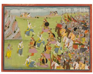 Uma pintura do Mahabharata: Balabhadra lutando contra Jarasandha, Kangra ou Garhwal, c.1810-20 de Indian School