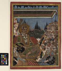 Um príncipe em darbar sob um dossel, c.1880 (aquarela opaca e ouro sobre papel) de Indian School