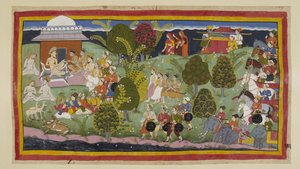 Adicione 15296 (1) f.105r, Os dois príncipes, os brâmanes e os ministros aproximam-se do eremitério de Bharadvaja a pé, com as três rainhas a uma distância no horizonte seguidas por suas liteiras. O exército com seus elefantes e carruagens espera atrás. No de Indian School