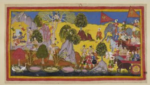 Acrescente 15296 (1) f.112r, O tumulto do exército que se aproxima tendo alarmado Rama, diz a Laksmana para subir a uma árvore para descobrir o que está a causar o barulho. Laksmana sobe a uma árvore em flor e reconhece ao longe o padrão de Bharata com a o de Indian School