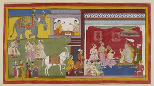 Adicione 15296 (1) f.11r, Dasaratha, entronizado em durbar, conta aos brâmanes Vasistha e Vamadeva e seu ministro Sumantra de sua intenção de renunciar seu trono a Rama como regente; à esquerda, estes três invocam Rama e Laksmana. Acima, quatro brâmanes co de Indian School