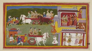 Acrescente 15296 (1) f.127r, A procissão regressa a Ayodhya, ao longo do fundo do quadro, sendo a cidade triste e deserta a assombrada de gatos e corujas. Bharata e Shatrughna despedem-se das rainhas e dizem a Vasistha que se vão retirar para N de Indian School
