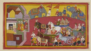 Acrescentar 15296 (1) f.128r, As carruagens de Vasistha e dos príncipes, frequentadas por vários ministros e pessoas, entram na cidade de Nandigrama. de Indian School