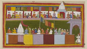 Acrescentar 15296 (1) f.17r, A mesma rua da cidade de Ayodhya está agora totalmente decorada, com o povo esperando a procissão. Eles dizem uns aos outros quão sábio é o rei e quão afortunados eles são por terem Rama como seu novo protetor. de Indian School