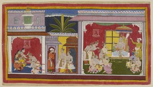 Adicione 15296 (1) f.2r, Na sala do trono em Ayodhya (à direita), o rei Dasaratha está sentado com seus quatro filhos, seu ministro Sumantra e seu principal sacerdote Vasistha. Yudhajit, irmão da rainha Kaikeyi e tio materno de Bharata, veio para levar Bha de Indian School