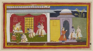 Adicione 15296 (1) f.31r, Rama e Laksmana à direita, com Rama agora vestido com o traje da corte contemporânea, aproximam-se do portão do palácio de Kaikeyi e, deixando suas sandálias na porta, entram na sala de audiências. Eles se ajoelham respeitosamente de Indian School