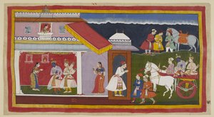 Adicionar 15296 (1) f.41r, Tendo finalmente convencido a sua mãe e irmão a aceitar calmamente o seu destino, Rama e Laksmana regressam ao seu próprio palácio na carruagem, a cabeça de Rama curvada na sua habitual humildade. São recebidos por Sita, que prim de Indian School