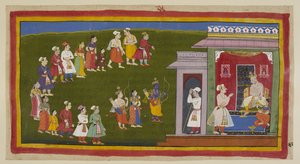 Adicione 15296 (1) f.48r, Rama e Laksmana, vestidos como antes, mas armados com espada, arco e flechas, acompanhados por Sita, caminharam humildemente pelas ruas repletas de pessoas em luto até o palácio de seu pai. Sumantra os anuncia ao entronizado Das de Indian School