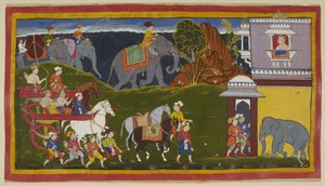 Adicionar 15296 (1) f.4r, Bharata, Shatrughna e o seu tio, juntamente com retentores e dois cavalos de montar, com elefantes carregados além da linha do horizonte, chegam ao palácio do rei de Kekaya, o avô materno de Bharata, que os espera olhando para for de Indian School
