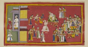 Adicione 15296 (1) f.50r, Dasaratha já havia ordenado a Sumantra que convocasse suas rainhas e todas as suas esposas, que agora cercam o rei quando Sumantra traz os exilados para se despedirem. Dasaratha tenta persuadir Rama a não ir para a floresta, nem m de Indian School