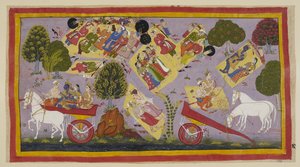 Acrescente 15296 (1) f.61r, Os exilados chegaram ao rio Tamasa e passaram a noite nas suas margens, ainda rodeados pelos habitantes da cidade em luto. Sita e Rama dormem sobre um leito de relva, enquanto Laksmana e Sumantra falam das virtudes de Rama, e os de Indian School