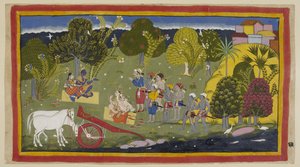 Adicionar 15296 (1) f.63r, Os companheiros chegaram ao rio Ganga em Srngaverapura Rama e Sita estão sentados em uma esteira de palha debaixo de uma árvore, destinada a ser uma árvore Ingudi, enquanto Laksmana e Sumantra estão igualmente sentados de frente  de Indian School