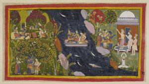 Adicione 15296 (1) f.69r, Bharadvaja, à direita em seu eremitério, aconselha os viajantes sobre o caminho para Citrakuta. No centro, eles atravessam o Yamuna em uma jangada improvisada, com Sita orando novamente à deusa do rio para um retorno seguro, e no de Indian School