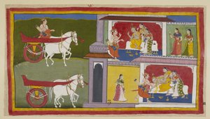 Adicionar 15296 (1) f.72r, À esquerda, Sumantra retorna a Ayodhya e entra no palácio para dar a última mensagem de Rama ao rei, que está sentado com Kausalya e Sumitra ao lado dele. O rei desmaia e é pego por Sumantra e as rainhas. de Indian School