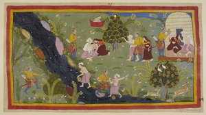Acrescente 15296 (1) f.79r, Dasaratha conta às rainhas sobre o incidente na sua juventude quando matou acidentalmente o filho de um sábio enquanto caçava. À esquerda, Dasaratha aponta erroneamente o seu arco através das árvores para o jovem, que está a enc de Indian School