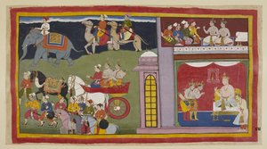 Adicione 15296 (1) f.84r, Os mensageiros, em uma câmara superior, dizem aos príncipes para retornarem a Ayodhya. Abaixo, na sala do trono, vestidos para a viagem, os príncipes se despedem do rei Kaikeyi e de seu filho Yudhajit. Eles se sentam em uma carrua de Indian School