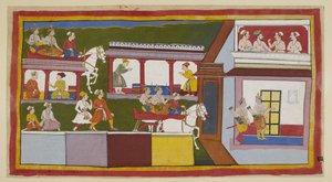 Adicionar 15296 (1) f.85r, Os príncipes em sua carruagem percorrem a rua principal de Ayodhya, admirando a mudança na cidade desde que a deixaram, e então entram no palácio, com gestos questionadores. Em um cenáculo, um brâmane e três ministros se reúnem de Indian School
