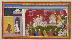 Acrescente 15296 (1) f.8r, Dasaratha está sentado no seu trono em pleno durbar, com Rama e Laksmana ajoelhados ao seu lado, enquanto o mensageiro enviado por Bharata da corte do seu avô diz ao rei Sitae como os seus outros dois filhos estão a estudar dilig de Indian School