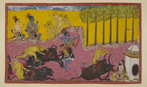 Adicione 15296 (2) f.12r, Sugriva e seus macacos, vistos no topo à esquerda, continuam a contar a Rama e Laksmana a história de Bali e Dundubhi. Bali era tão poderoso que ele foi capaz de rasgar o demônio membro por membro e então arremessar a carcaça no a de Indian School