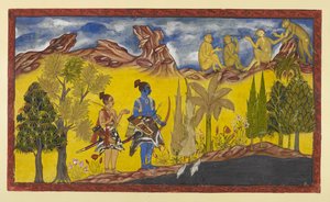 Adicionar 15296 (2) f.2r, Em sua busca desesperada pela Sita sequestrada, Rama e Laksmana chegaram ao lago Pampa, que é coberto de lótus e cercado por árvores floridas. É a estação da primavera e Rama é continuamente lembrado pelo bi de acasalamento de Indian School