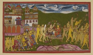 Acrescentar 15296 (2) f.43r, Sugriva e Laksmana são transportados numa ninhada dourada, suportada por macacos, de Kiskindha de Indian School