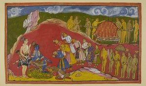 Adicione 15296 (2) f.44r, Rama sentado em um assento de pétalas de lótus em sua caverna, com Laksmana de pé ao lado dele, está radiante ao ver o vasto exército de macacos que Sugriva trouxe consigo. Sugriva cai aos pés de Rama e os ministros macacos também de Indian School