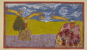 Acrescentando 15296 (2) f.84r, Indiscreto pela largura do oceano, Hanuman incha até um tamanho imenso e, usando a montanha ainda em chamas Mahendra como plataforma de lançamento, atira-se para o espaço e através do oceano para o reino insular de La?k? O Oc de Indian School