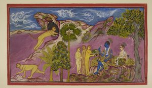 Adicione 15296 (2) f.9r, Sugriva diz a Rama que viu Sita sendo carregada em uma carruagem por Ravana, lutando e chamando os nomes de Rama e Laksmana. Ao vê-lo lá embaixo, ela deixou cair suas jóias e uma roupa de cima. Sugriva corre para uma caverna em de Indian School