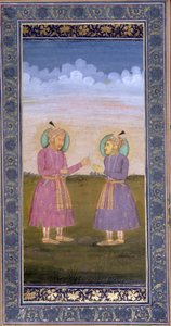 Akbar entrega uma pena de joias ao seu filho Jahangir, c.1845 (wc opaca e ouro sobre papel) de Indian School