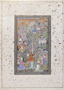 Alexander questiona o filósofo, médico e o cálice, c.1610 (wc opaca e ouro no papel) de Indian School