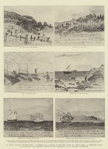 Autobiografia de um escravo indiano, fac-símiles de uma série de esboços feitos por "Billy King", um escravo libertado, para ilustrar sua captura, cativeiro e libertação por um homem de guerra inglês de Indian School