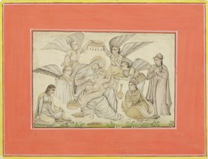 Anjos assistem Maria e Jesus, c.1665 (wc opaca e ouro no papel) de Indian School