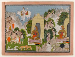 Arjunas Penance, cena de uma série de Mahabharata, c.1825-40 (wc e ouro no papel) de Indian School