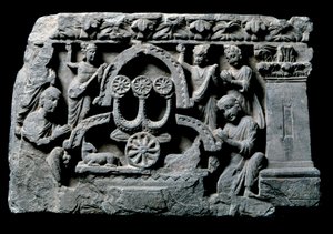 Arte de Gandhara (ou Greco-Buddhismo): "Buda em oração" o milagre Sravasti (Shravasti ou Savatthi) (Buda em oração, o milagre do Sravasti) Alívio da Escola de Gandhara - Século II ao IV - Museu Indiano, Calcutá Índia de Indian School